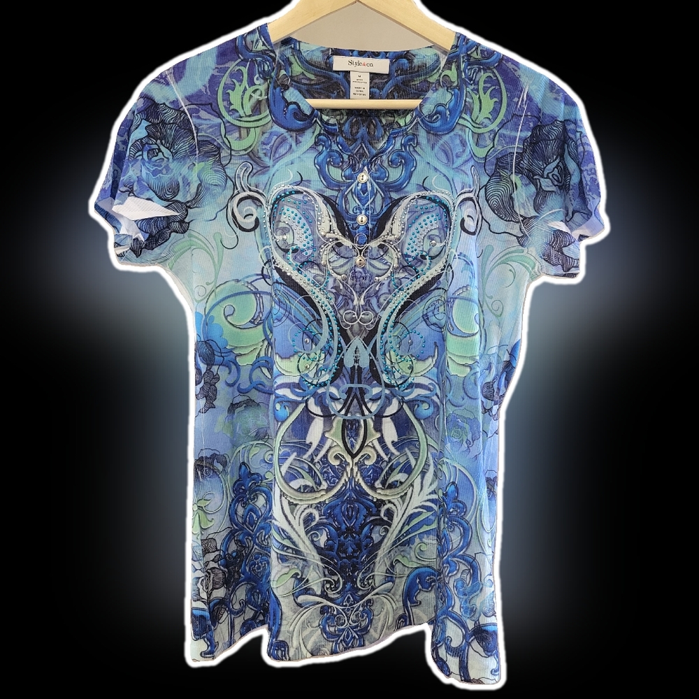 Women's M SS stretch embellished blue white aqua green black shirt